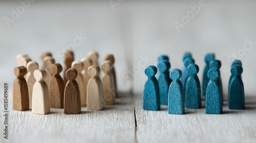 Two distinct groups of wooden human figurines, one brown and one blue, on a light wooden surface, symbolizing division, representing social dynamics, and illustrating conflict or unity.