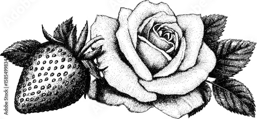 Engraved botanical design featuring blooming rose and ripe strawberry for decorative use