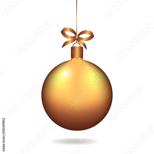 Gold Christmas ball with ribbon and bow on white background. 