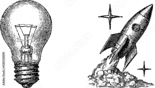 Vintage engraved set featuring rocket launch and lightbulb for creativity and innovation themes