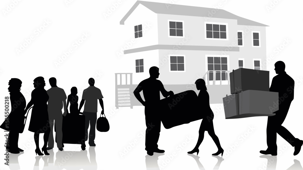 Fototapeta premium Silhouette of family moving into a new house with boxes and luggage on a white background scene view