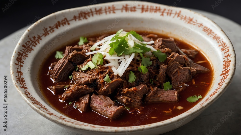 Delicious Bowl of Beef Stew with Herbs and White Radish Topping Delicious Bowl of Beef Stew with Herbs and White Radish Topping