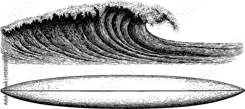 Vintage surfing scene with engraved wave and surfboard design for print