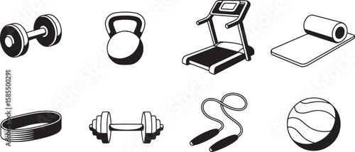 Isometric Gym Equipment Icons Set Dumbbell Kettlebell Treadmill Yoga Mat Resistance Band Jump Rope Exercise Ball Vector