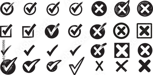 Check tick mark icon set. Cross box x check mark checkbox v list vector draw hand drawn sketch doodle brush marker checklist symbol wrong right circle. Vector Illustration 