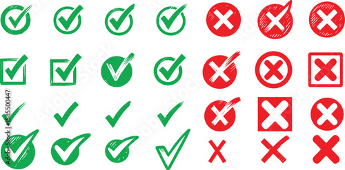 Check tick mark icon set. Cross box x check mark checkbox v list vector draw hand drawn sketch doodle brush marker checklist symbol wrong right circle. Vector Illustration 
