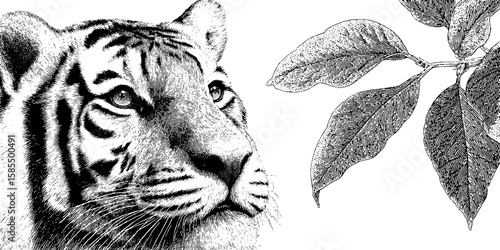Engraved wildlife art featuring tiger portrait and detailed leaves for nature design
