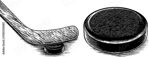 Engraved illustration set featuring underwater hockey stick and puck for sports enthusiasts and design projects