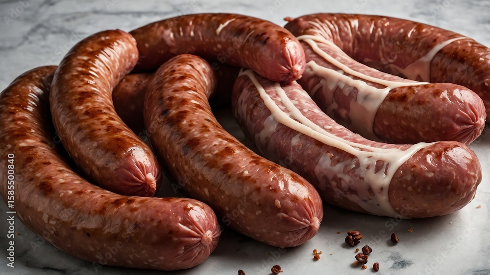 Fototapeta premium Delicious Sausage Variety on Marble Surface Freshly Cooked and Ready
