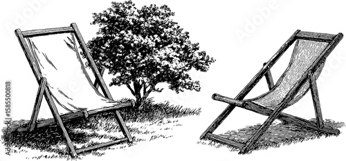 Vintage engraving of village green with deck chairs and tree for artistic decor