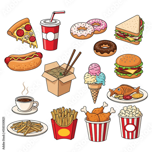 Colorful cartoon drawing shows a vibrant collection of fast food favorites like pizza, donuts, burgers, and french fries.