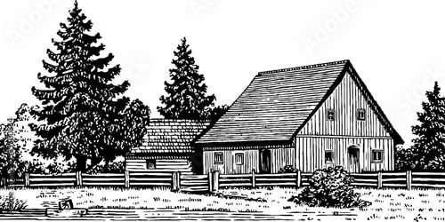 Engraved rural village scene with rustic inn and lush trees for historical art and design