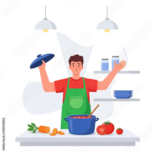 A cheerful chef cooking tomato soup in the kitchen showcases food preparation and culinary skills for healthy nutrition and delicious recipes.
