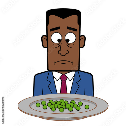 A cartoon businessman reluctantly faces a plate of peas, conveying dislike and potential food aversion with a sad facial expression.
