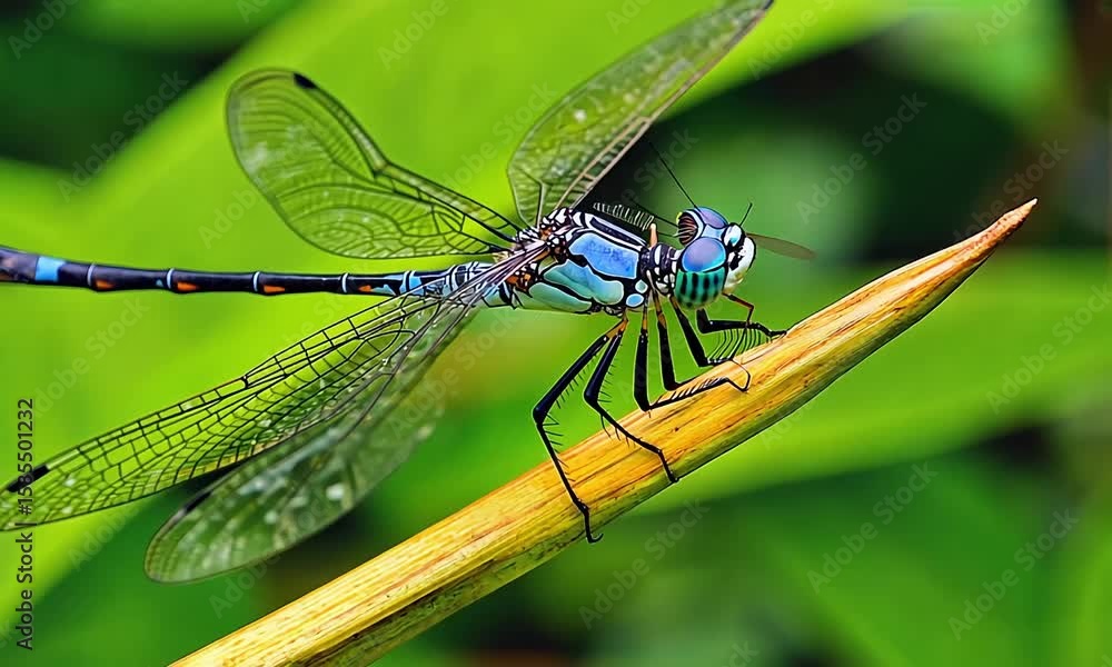 Close-up of a vibrant dragonfly perched on a stem Close-up of a vibrant dragonfly perched on a stem