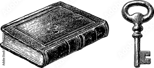 Vintage diary and key engraving collection for antique design and decor