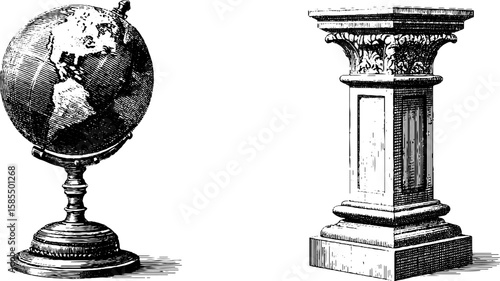 Vintage globe and architectural column engraving illustration for historical design