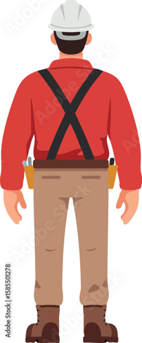 Construction worker wearing safety helmet and red shirt standing facing away from viewer in professional workwear vector illustration