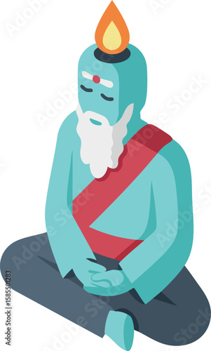 Meditating sage with flame on head sitting cross-legged in peaceful calm posture vector illustration