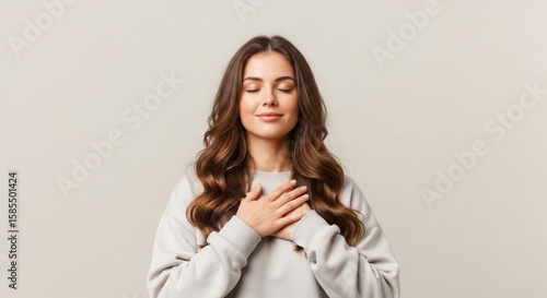 Young woman with long hair practicing mindfulness and self-care in a calm, neutral-toned environment
