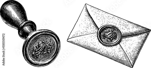 Vintage postage stamp and seal wax illustration for retro design projects