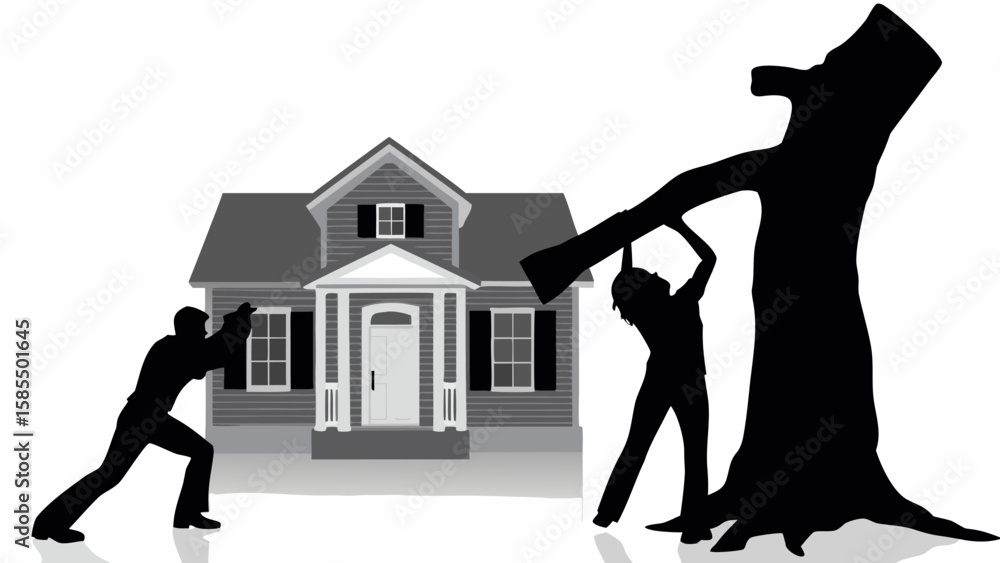 Fototapeta premium Silhouette of people pushing a tree away from a house with a gray roof and white door and window frames