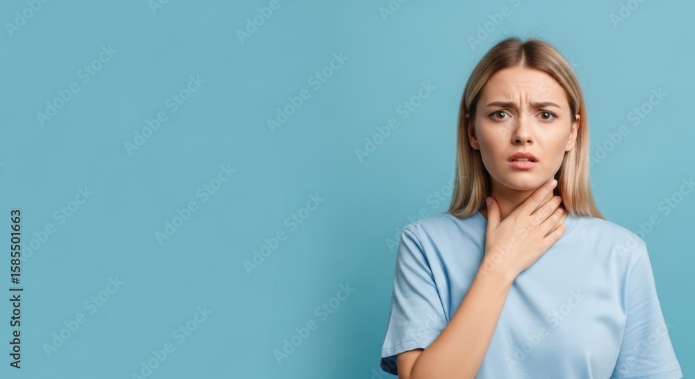 Woman with a worried expression touching her throat against a blue background, conveying anxiety Woman with a worried expression touching her throat against a blue background, conveying anxiety