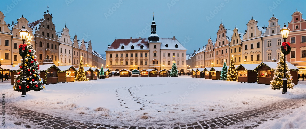 Fototapeta premium Historic city square with Christmas decorations displays winter wonderland charm in old town. Historic city square with Christmas decorations creates festive atmosphere, buildings beautifully lit.