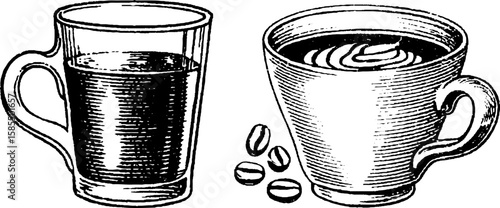 Vintage engraved illustration of white russian cocktail and coffee elements