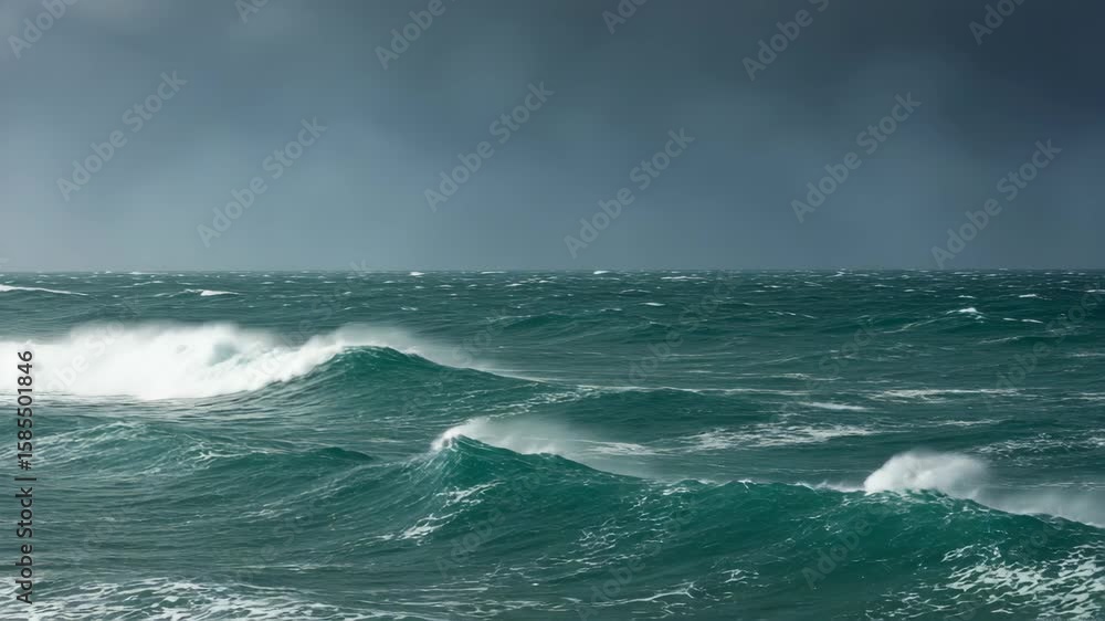 Dramatic Ocean Waves Under Dark Stormy Sky with Foreboding Atmosphere Dramatic Ocean Waves Under Dark Stormy Sky with Foreboding Atmosphere