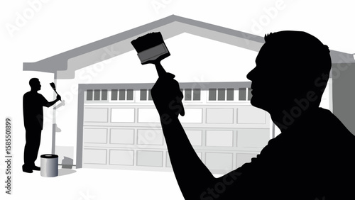 Silhouette of men painting a garage door with paintbrushes and a paint bucket in a monochrome style