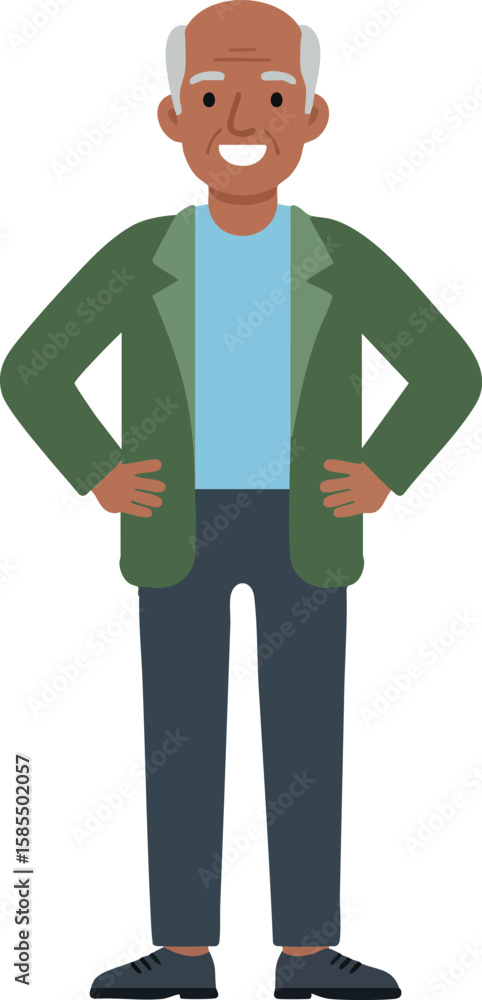 Elderly man standing confidently wearing green jacket and blue shirt casual style vector illustration Elderly man standing confidently wearing green jacket and blue shirt casual style vector illustration