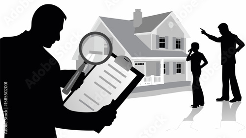 Silhouette of inspector with clipboard and magnifying glass inspecting a house with people present