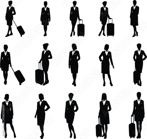 Silhouette of flight attendants with luggage, travel staff icons for airline, aviation, tourism industry, vector illustration, uniform female crew.