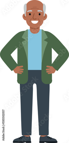 Elderly man standing confidently wearing green jacket and blue shirt casual style vector illustration