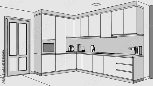 Modern l shaped kitchen with white cabinets and appliances isolated on white background