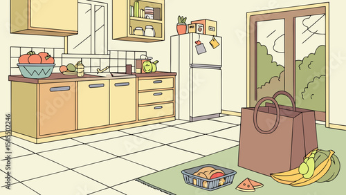 Cozy kitchen scene with fresh groceries and a shopping bag isolated on white background