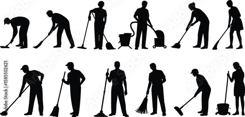 Silhouettes of workers cleaning with tools like mop, broom, vacuum, ideal for janitorial, sanitation, housekeeping, hygiene, service concepts.