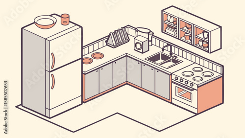 Isometric kitchen scene with refrigerator sink stove and cabinets isolated on white background