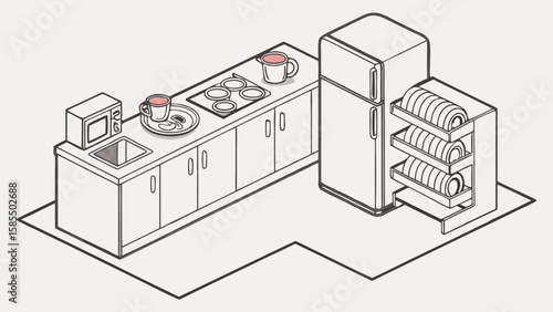 Isometric kitchen counter with sink microwave stove refrigerator and dishes isolated on white background