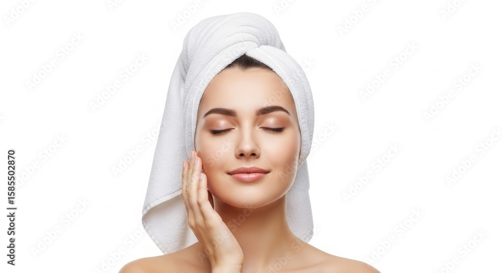 Woman with a towel on her head gently touching her face, showcasing a serene expression in a bright setting Woman with a towel on her head gently touching her face, showcasing a serene expression in a bright setting