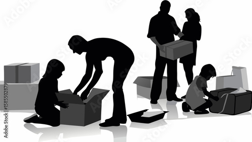 Silhouette illustration of a family unpacking boxes after moving into a new house together now
