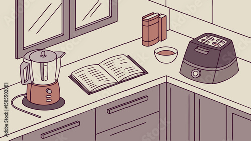 Kitchen counter with blender open book and small appliance isolated on white background