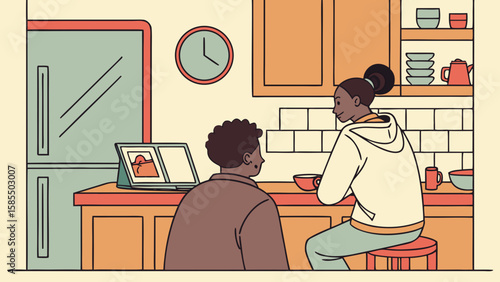 Two people sitting at a kitchen counter looking at a laptop together