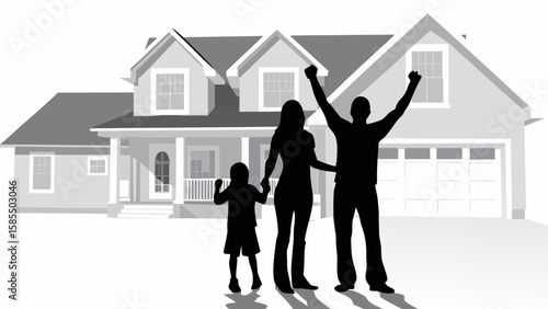 Silhouette of family celebrating in front of a house with a garage and multiple windows and a porch