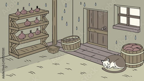 A cat sleeps inside a rustic room with shelves of onions and barrels on a rainy day