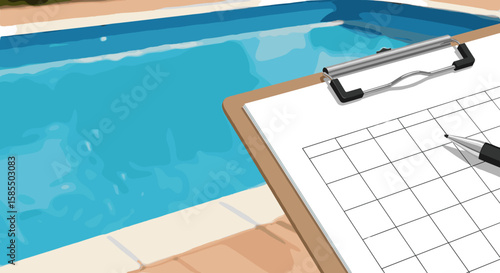 Seasonal cleaning of pools depicted with checklist and pen near clear blue pool water. Seasonal cleaning of pools preparation includes detailed inspection and water testing for maintenance.