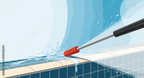 Seasonal cleaning of pools with high pressure washer on clear day for spring maintenance. Pools are perfect for cooling off during the summer,