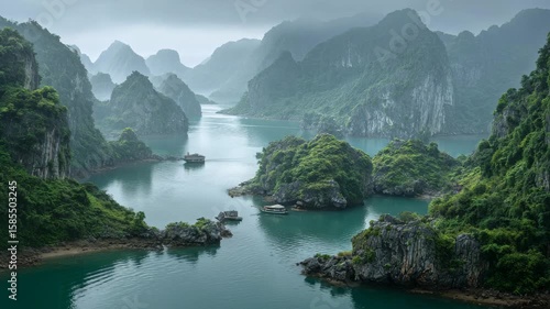 Serene landscape of lush green islands and tranquil waters in ha long bay vietnam