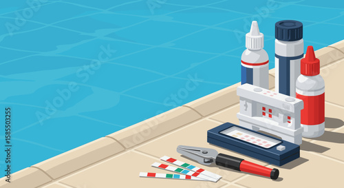 Pool cleaning supplies are set by clear water for seasonal pool cleaning. These pool cleaning tools include test kit and solution bottles, illustrating seasonal pool cleaning prep.